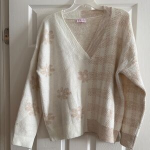 Pink Lily Cream & Beige V-Neck Floral Plaid Sweater